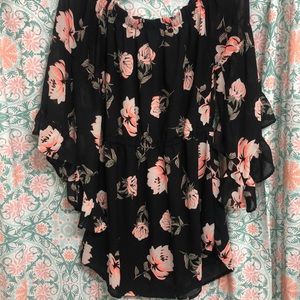 Black floral dress with long belled sleeves